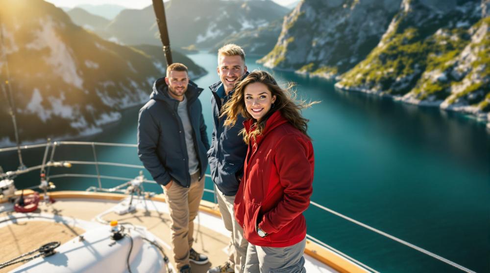 Jacht płynący po Fiordzie Geiranger